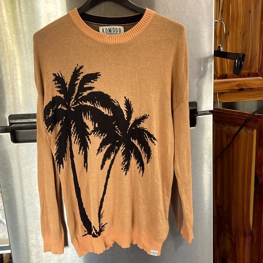 KOMODO women’s tunic length long sleeve sweater, palm tree accent vanity, size 3